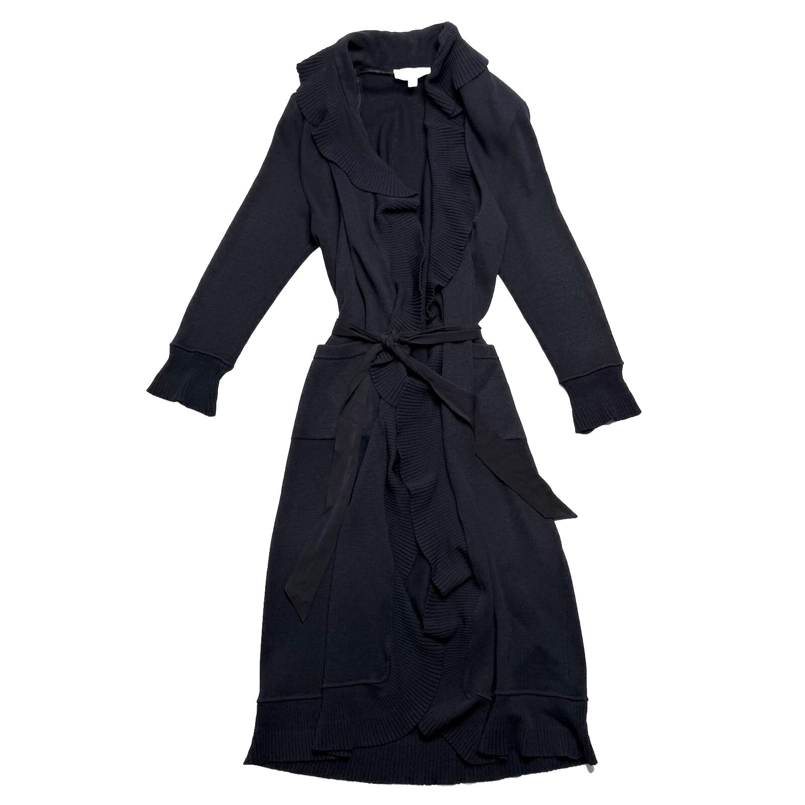 Vintage St. John Collection Knit Long Kelly Cardigan 6 Black Ruffle Belted Maxi